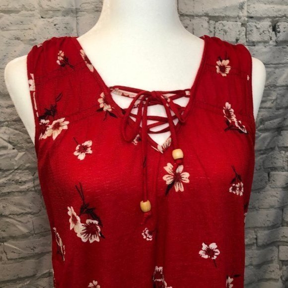 MAURICES Red Floral Lace Up Tank Top Small - Picture 4 of 10
